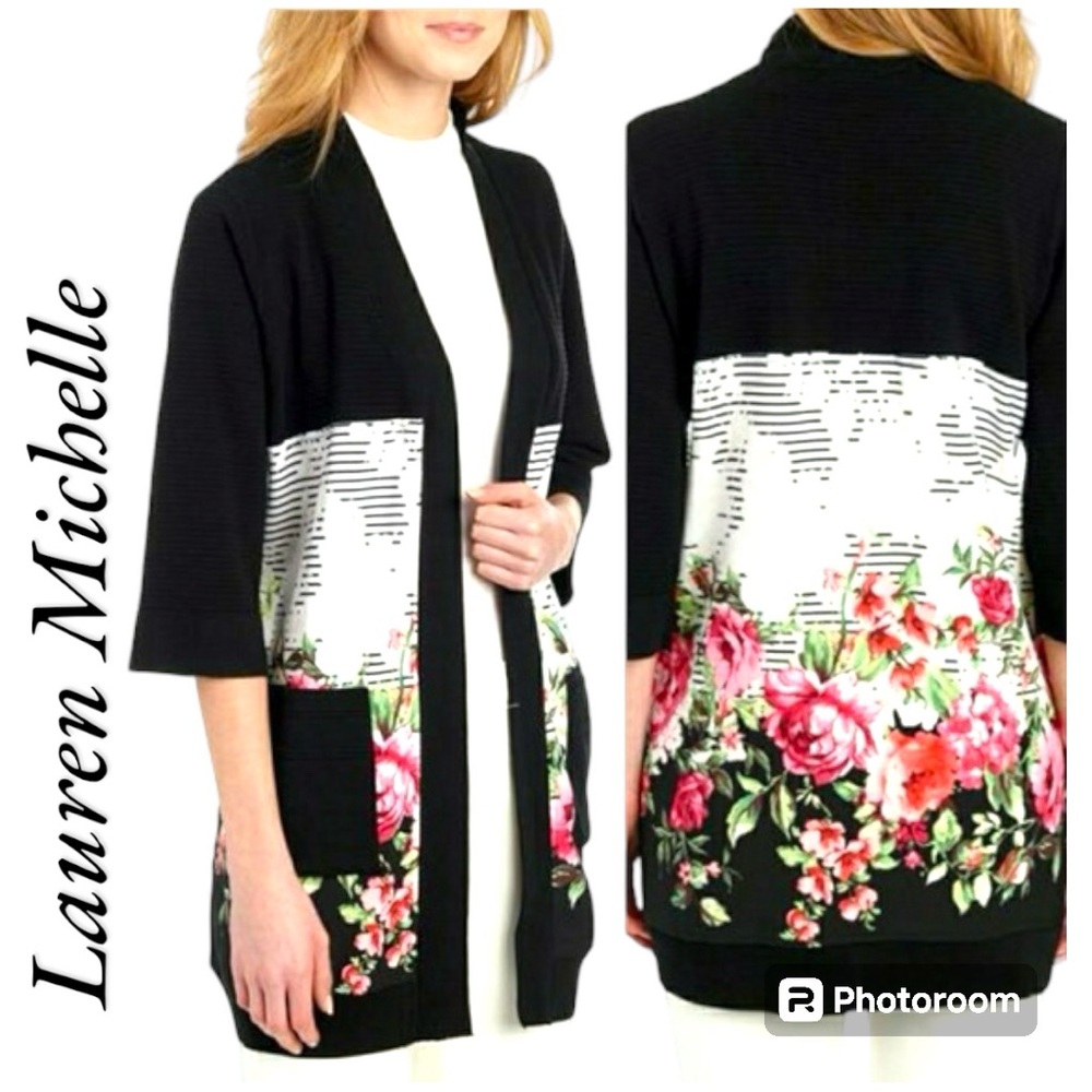 Lauren Michelle Mixed Media Black and Floral Open Front Cardigan Pockets Size L